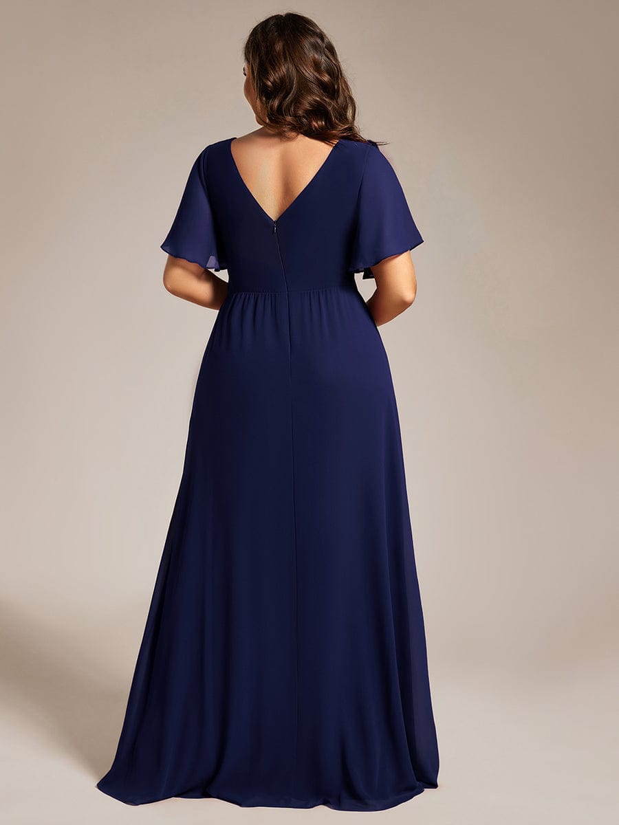 Plus Size High Slit V-Neck Empire Waist Chiffon Bridesmaid Dress #color_Navy Blue