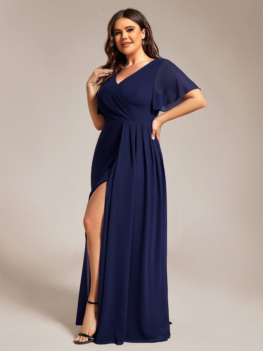 Plus Size High Slit V-Neck Empire Waist Chiffon Bridesmaid Dress #color_Navy Blue