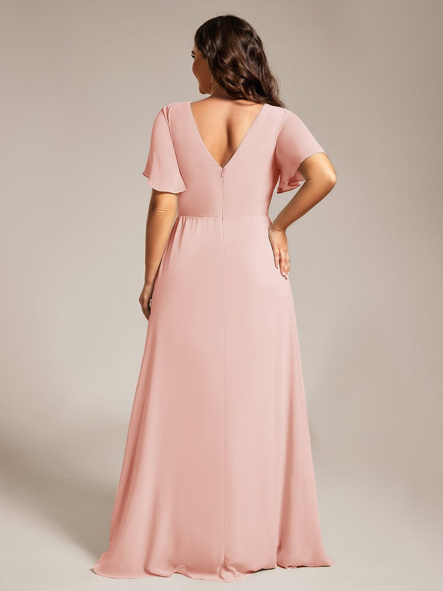 Plus Size High Slit V-Neck Empire Waist Chiffon Bridesmaid Dress #color_Pink