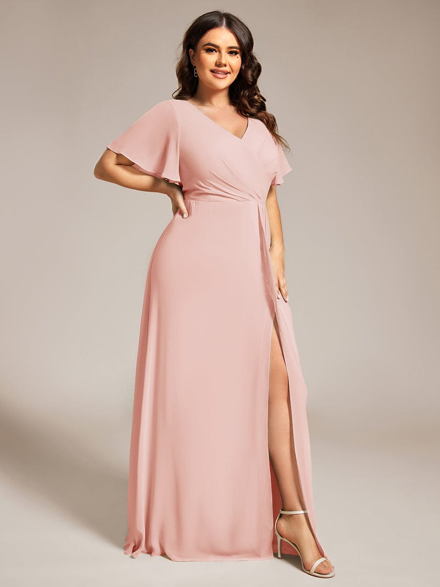 Plus Size High Slit V-Neck Empire Waist Chiffon Bridesmaid Dress #color_Pink