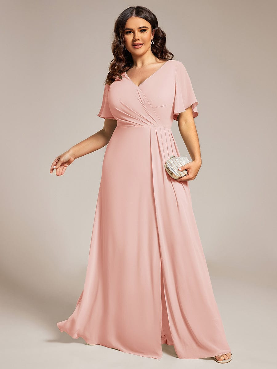 Plus Size High Slit V-Neck Empire Waist Chiffon Bridesmaid Dress #color_Pink