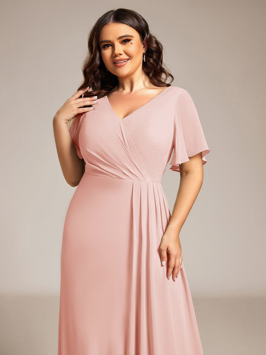 High Slit V-Neck Chiffon High Waist Bridesmaid Dress with Ruffle Sleeve #color_Pink