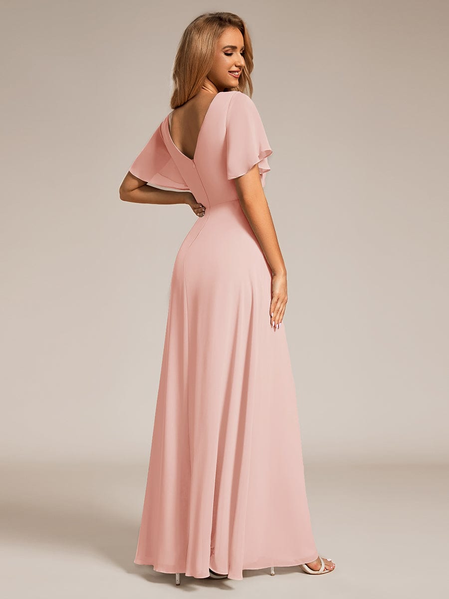 High Slit V-Neck Chiffon High Waist Bridesmaid Dress with Ruffle Sleeve #color_Pink