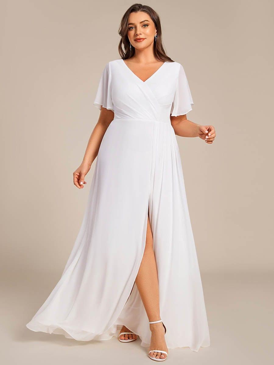 Plus Size High Slit V-Neck Empire Waist Chiffon Bridesmaid Dress #color_White