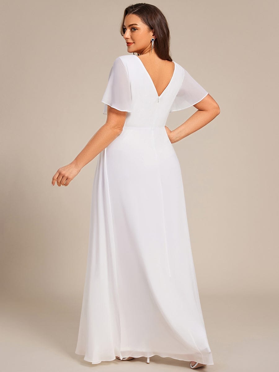 High Slit V-Neck Chiffon High Waist Bridesmaid Dress with Ruffle Sleeve #color_White