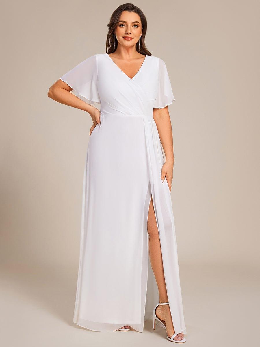 Plus Size High Slit V-Neck Empire Waist Chiffon Bridesmaid Dress #color_White