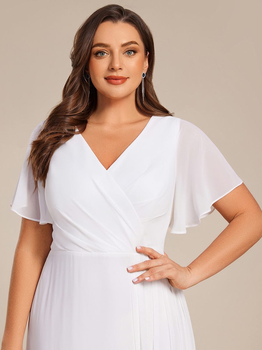 High Slit V-Neck Chiffon High Waist Bridesmaid Dress with Ruffle Sleeve #color_White