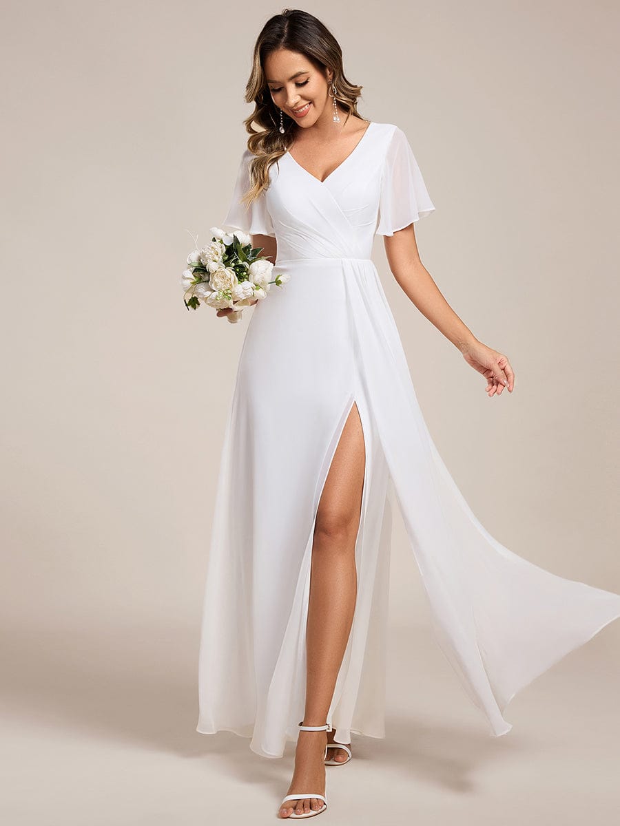 High Slit V-Neck Chiffon High Waist Bridesmaid Dress with Ruffle Sleeve #color_White