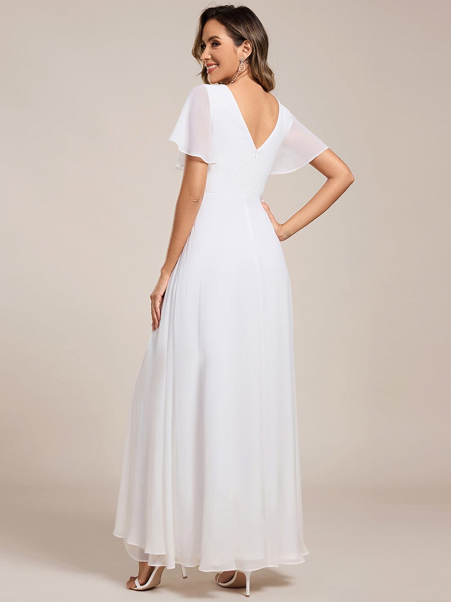 High Slit V-Neck Chiffon High Waist Bridesmaid Dress with Ruffle Sleeve #color_White