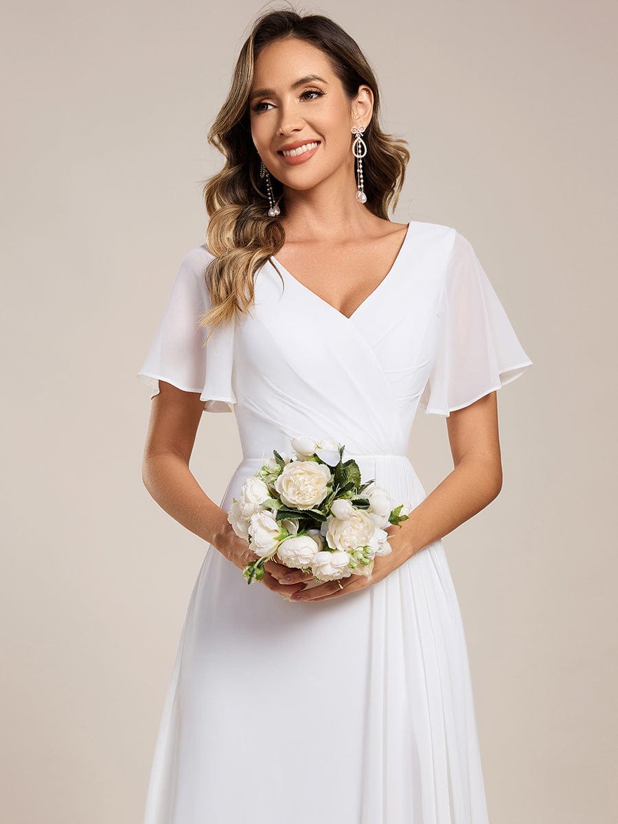 High Slit V-Neck Chiffon High Waist Bridesmaid Dress with Ruffle Sleeve #color_White