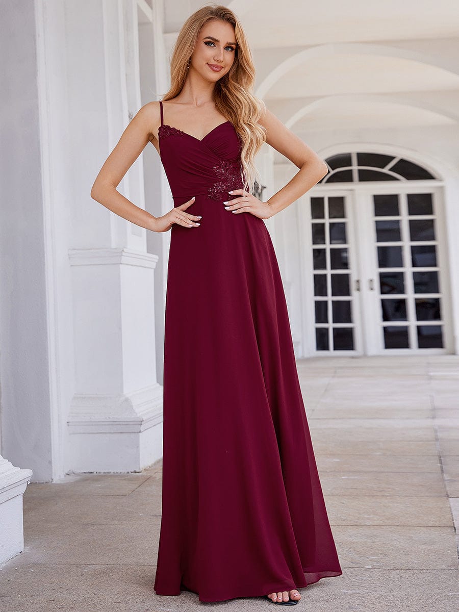 Elegant A-Line Applique Waist Sleeveless Bridesmaid Dress with V-Neck #color_Burgundy