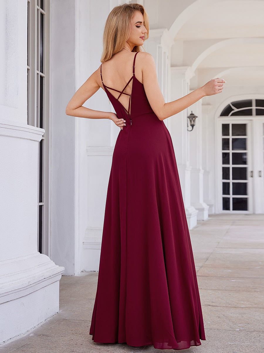 Elegant A-Line Applique Waist Sleeveless Bridesmaid Dress with V-Neck #color_Burgundy