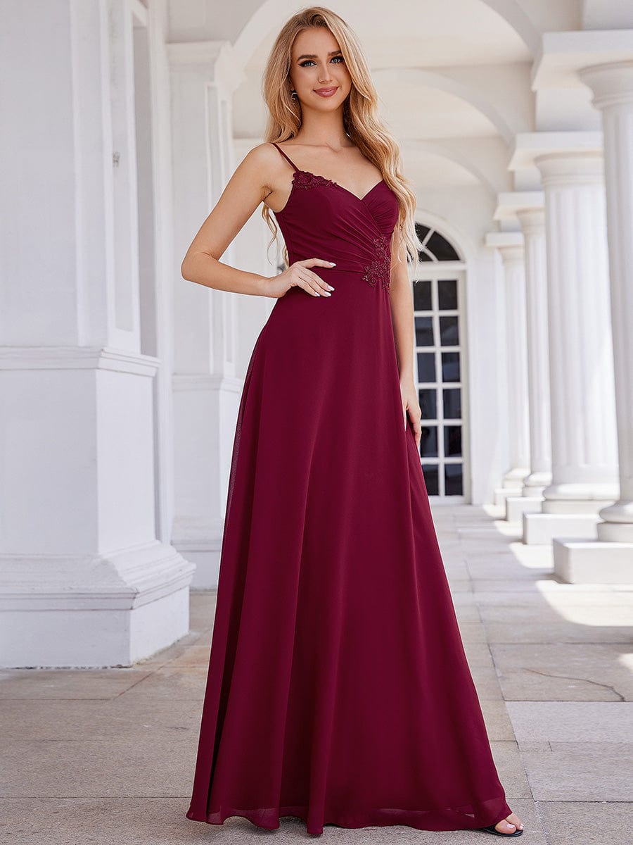 Elegant A-Line Applique Waist Sleeveless Bridesmaid Dress with V-Neck #color_Burgundy