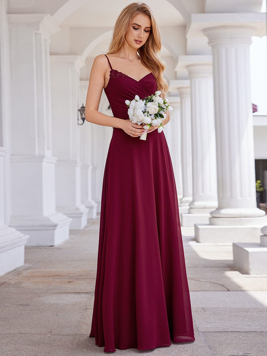 Elegant A-Line Applique Waist Sleeveless Bridesmaid Dress with V-Neck #color_Burgundy