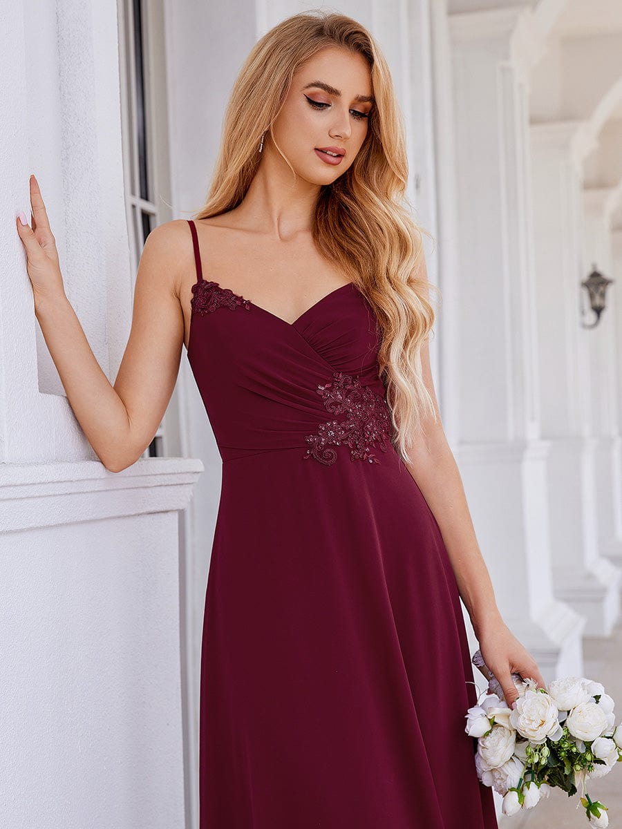 Elegant A-Line Applique Waist Sleeveless Bridesmaid Dress with V-Neck #color_Burgundy