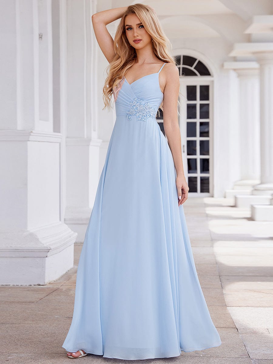 Elegant A-Line Applique Waist Sleeveless Bridesmaid Dress with V-Neck #color_Ice Blue