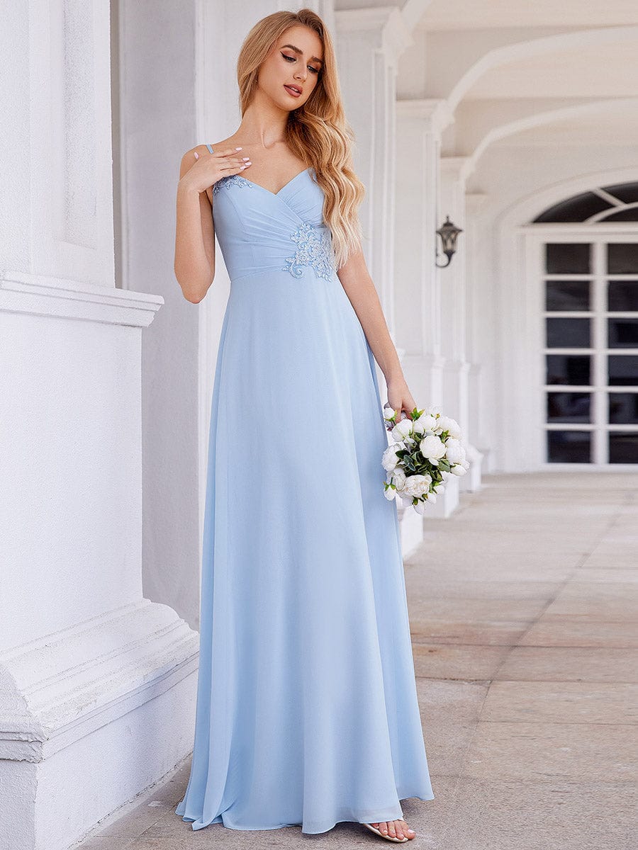 Elegant A-Line Applique Waist Sleeveless Bridesmaid Dress with V-Neck #color_Ice Blue