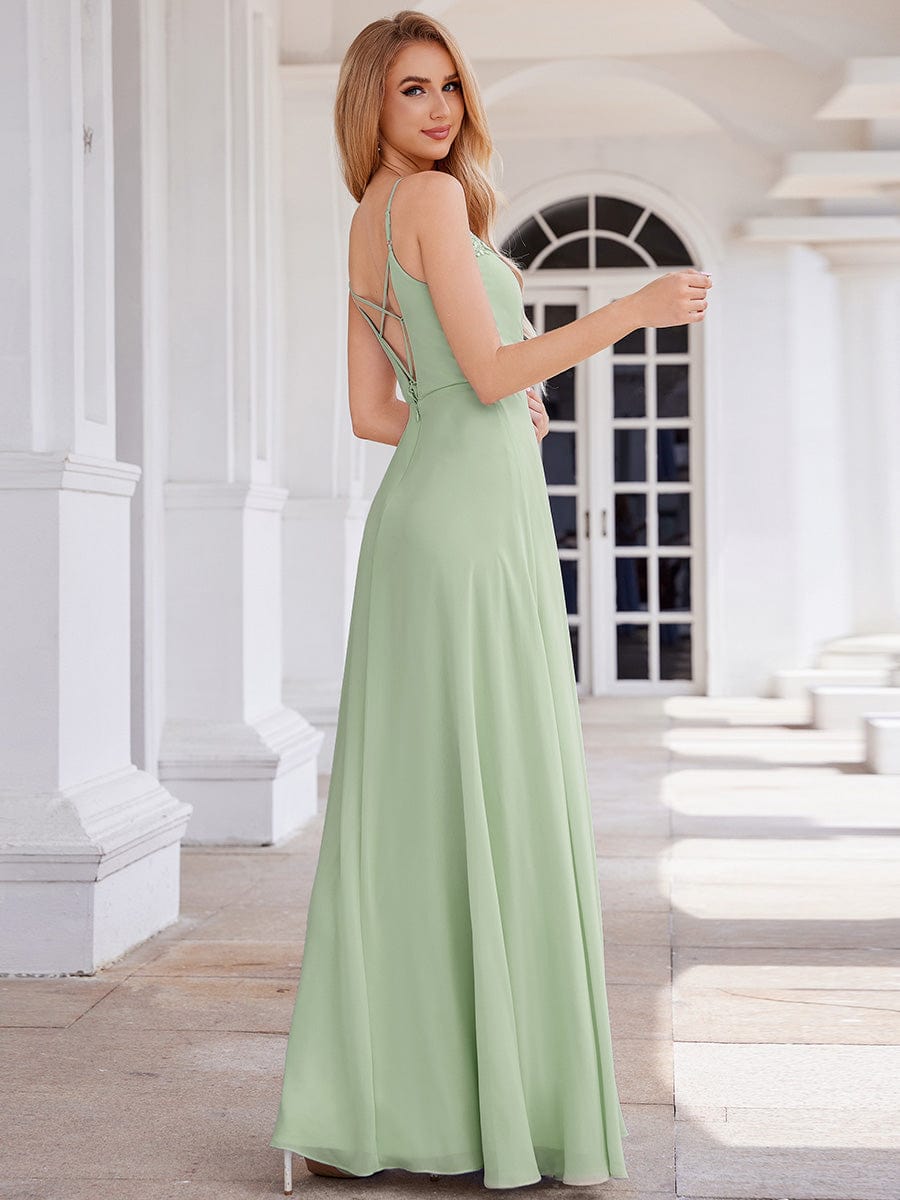 Elegant A-Line Applique Waist Sleeveless Bridesmaid Dress with V-Neck #color_Mint Green