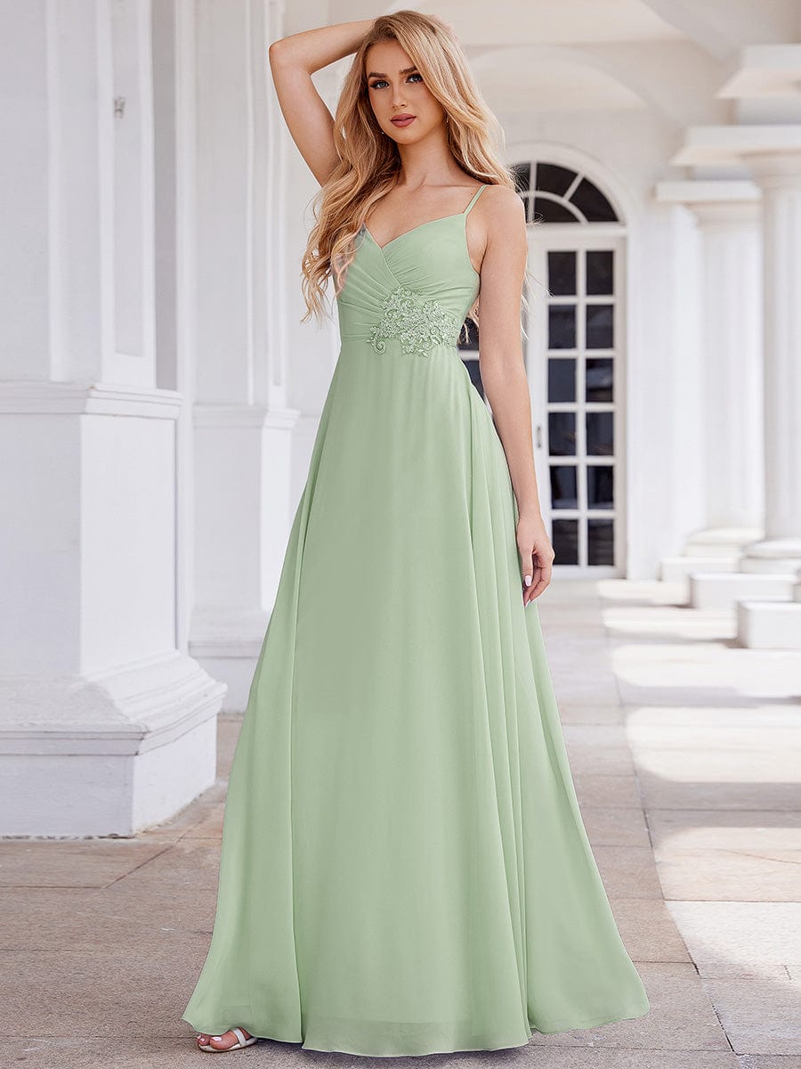 Elegant A-Line Applique Waist Sleeveless Bridesmaid Dress with V-Neck #color_Mint Green