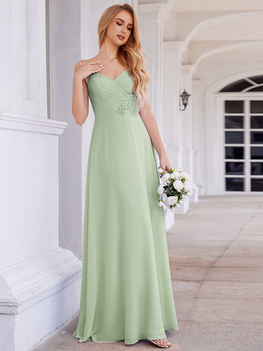 Elegant A-Line Applique Waist Sleeveless Bridesmaid Dress with V-Neck #color_Mint Green