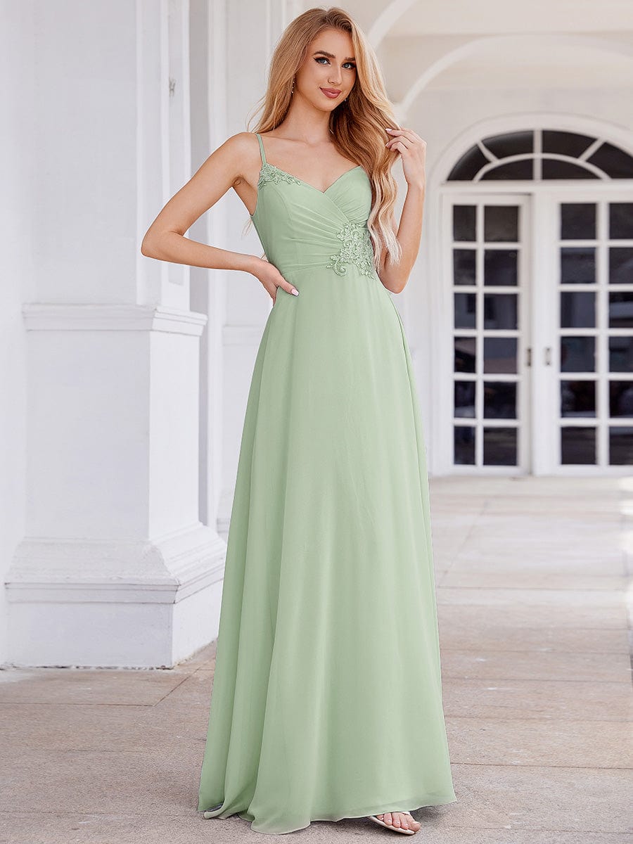 Elegant A-Line Applique Waist Sleeveless Bridesmaid Dress with V-Neck #color_Mint Green