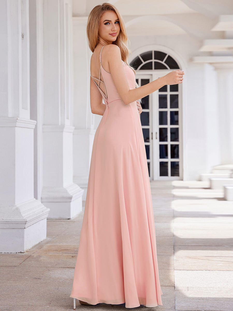 Elegant A-Line Applique Waist Sleeveless Bridesmaid Dress with V-Neck #color_Pink