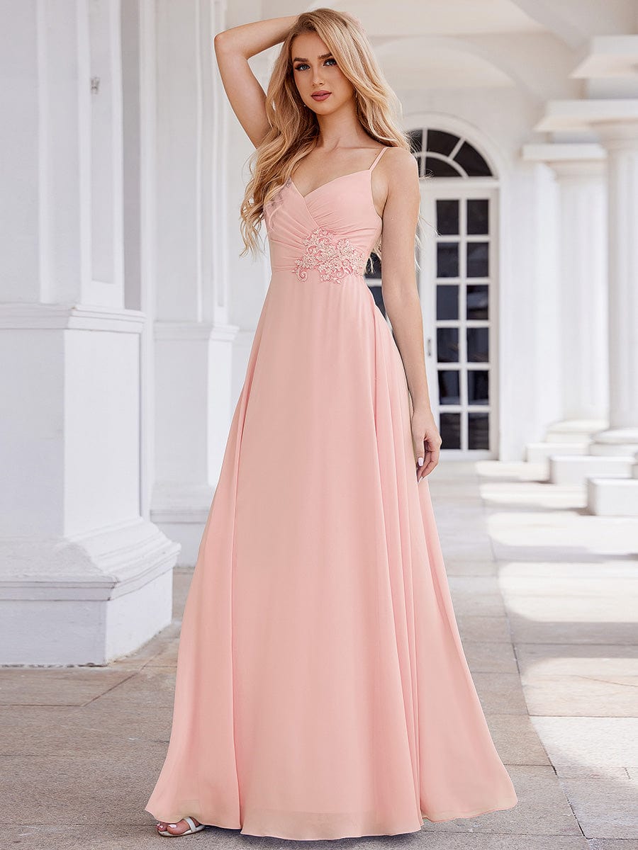 Elegant A-Line Applique Waist Sleeveless Bridesmaid Dress with V-Neck #color_Pink