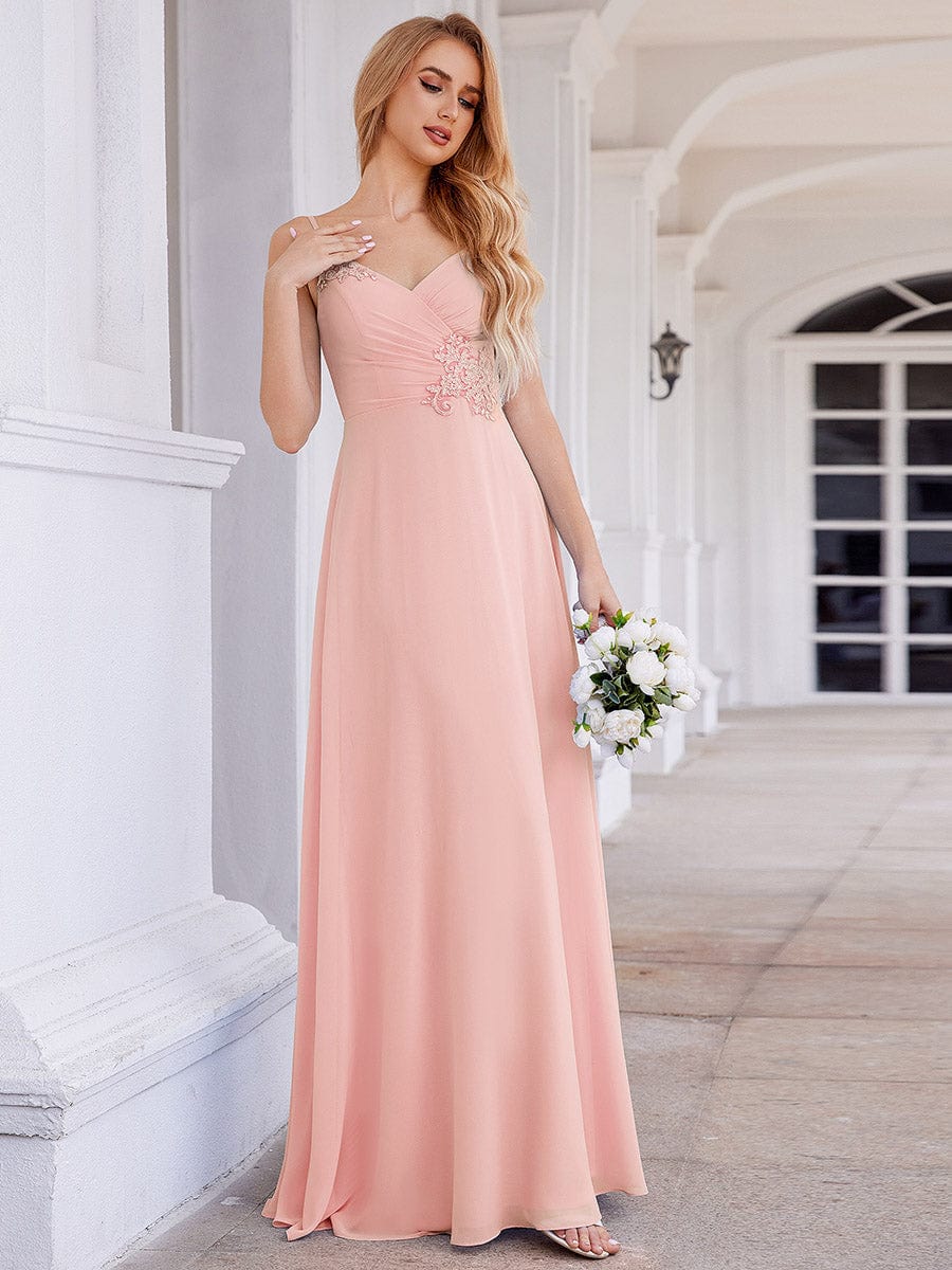 Elegant A-Line Applique Waist Sleeveless Bridesmaid Dress with V-Neck #color_Pink