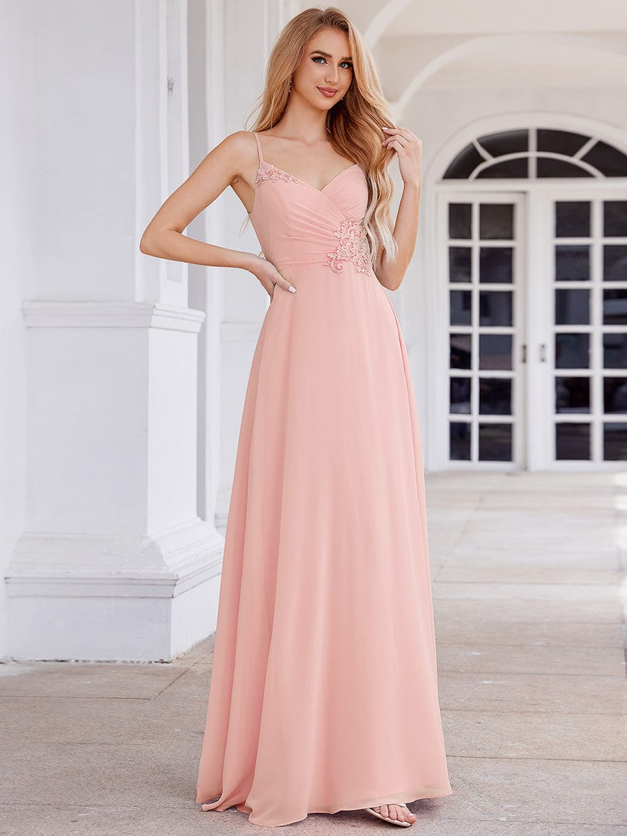 Elegant A-Line Applique Waist Sleeveless Bridesmaid Dress with V-Neck #color_Pink