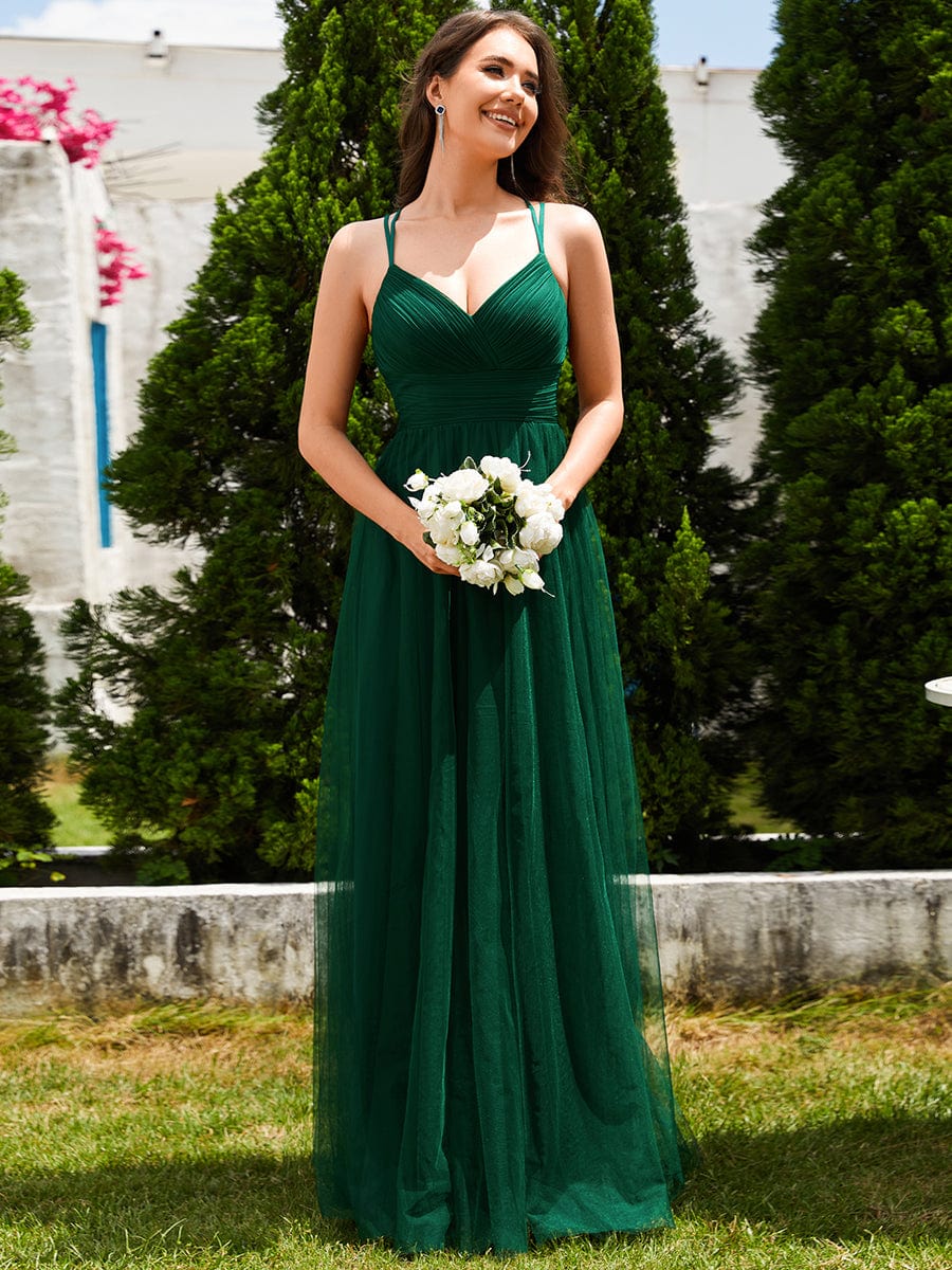 Chic Lace Sheer Back and Cross Straps V-Neck Sleeveless Bridesmaid Dress #color_Dark Green