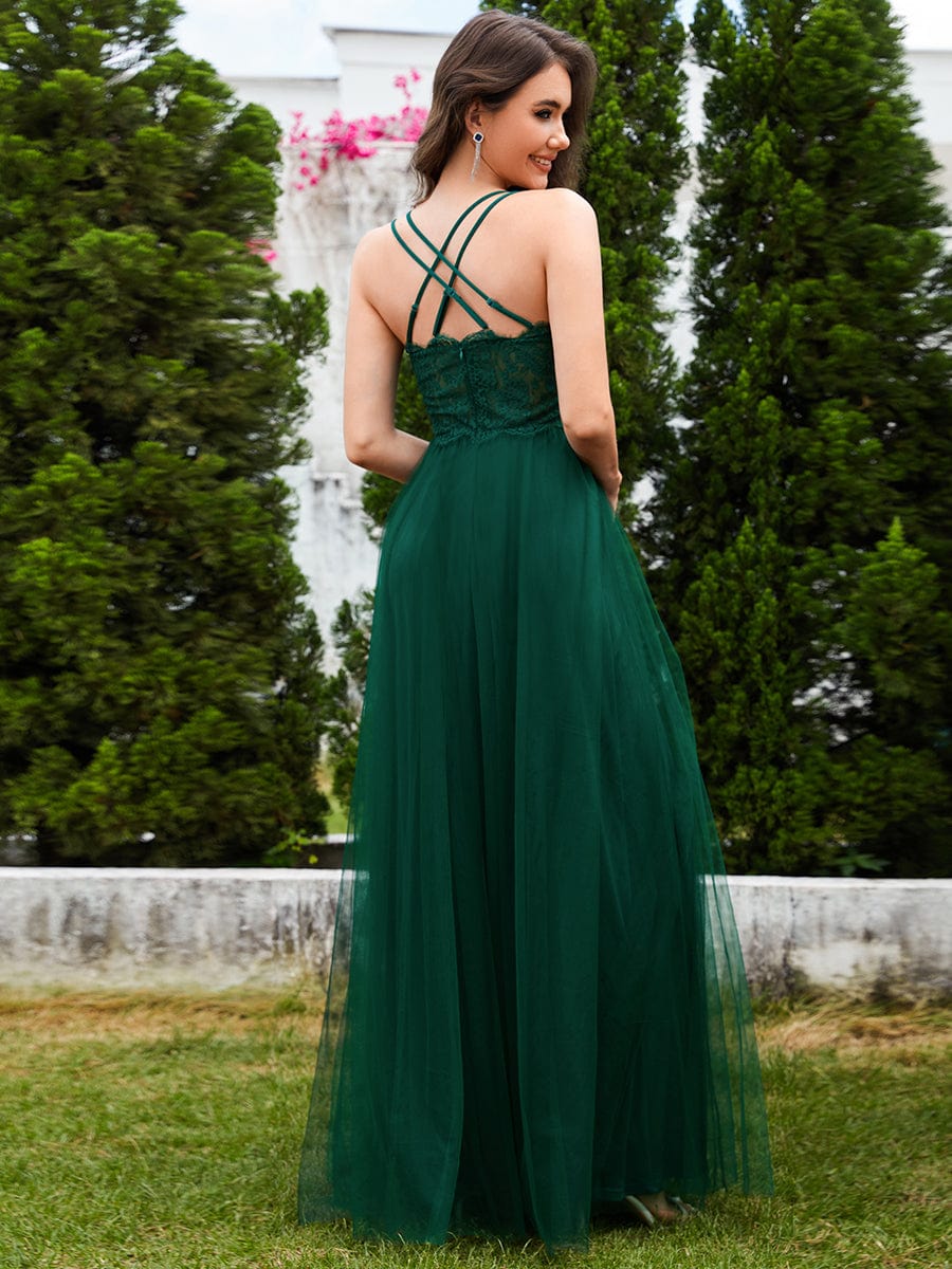 Chic Lace Sheer Back and Cross Straps V-Neck Sleeveless Bridesmaid Dress #color_Dark Green