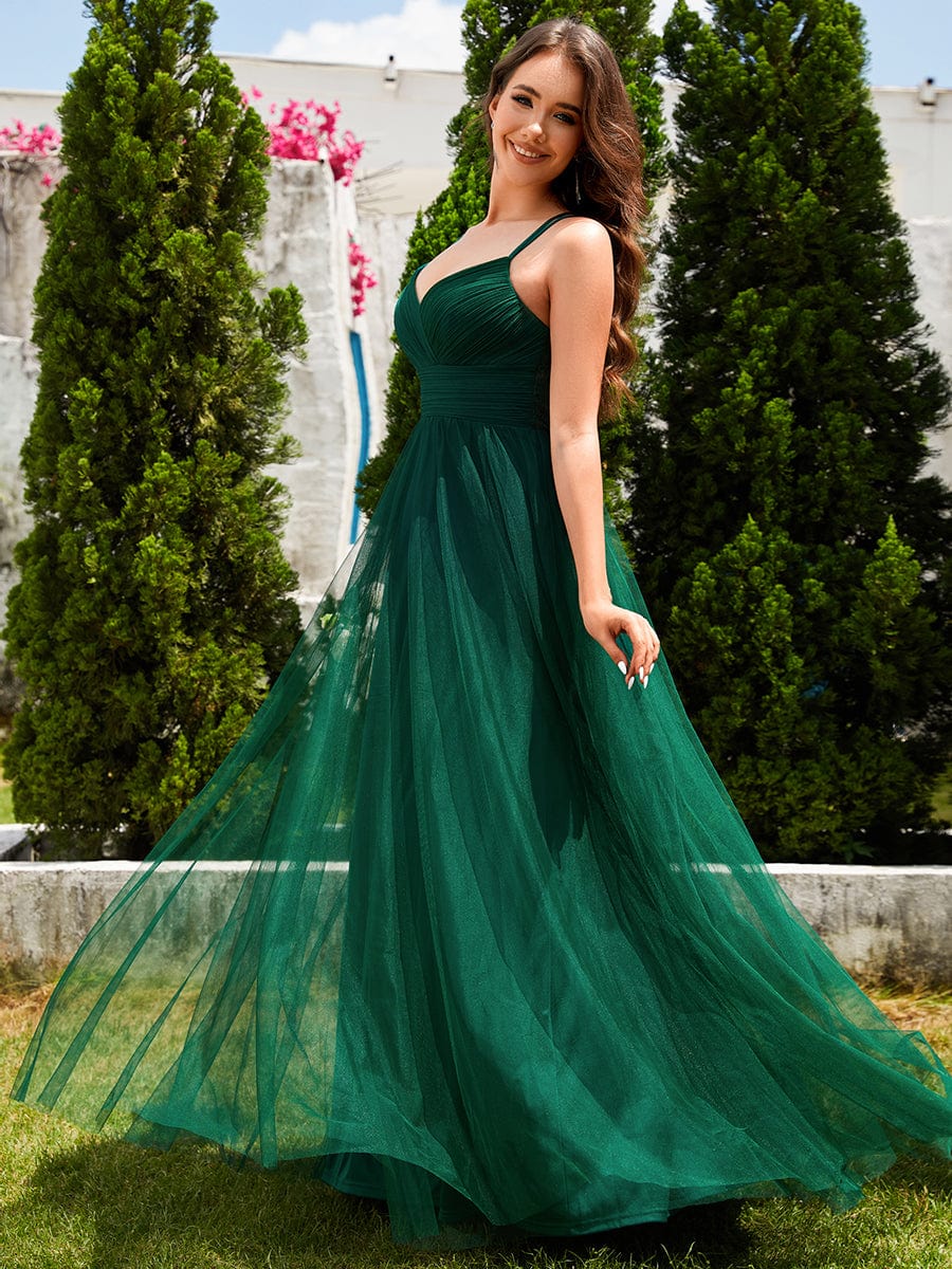 Chic Lace Sheer Back and Cross Straps V-Neck Sleeveless Bridesmaid Dress #color_Dark Green