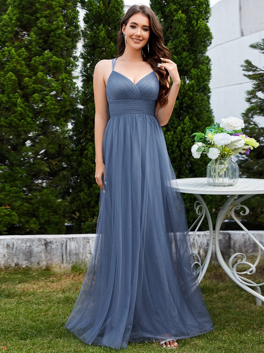 Chic Lace Sheer Back and Cross Straps V-Neck Sleeveless Bridesmaid Dress #color_Dusty Blue