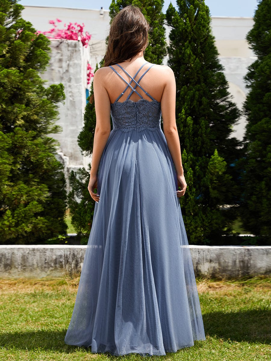 Chic Lace Sheer Back and Cross Straps V-Neck Sleeveless Bridesmaid Dress #color_Dusty Blue