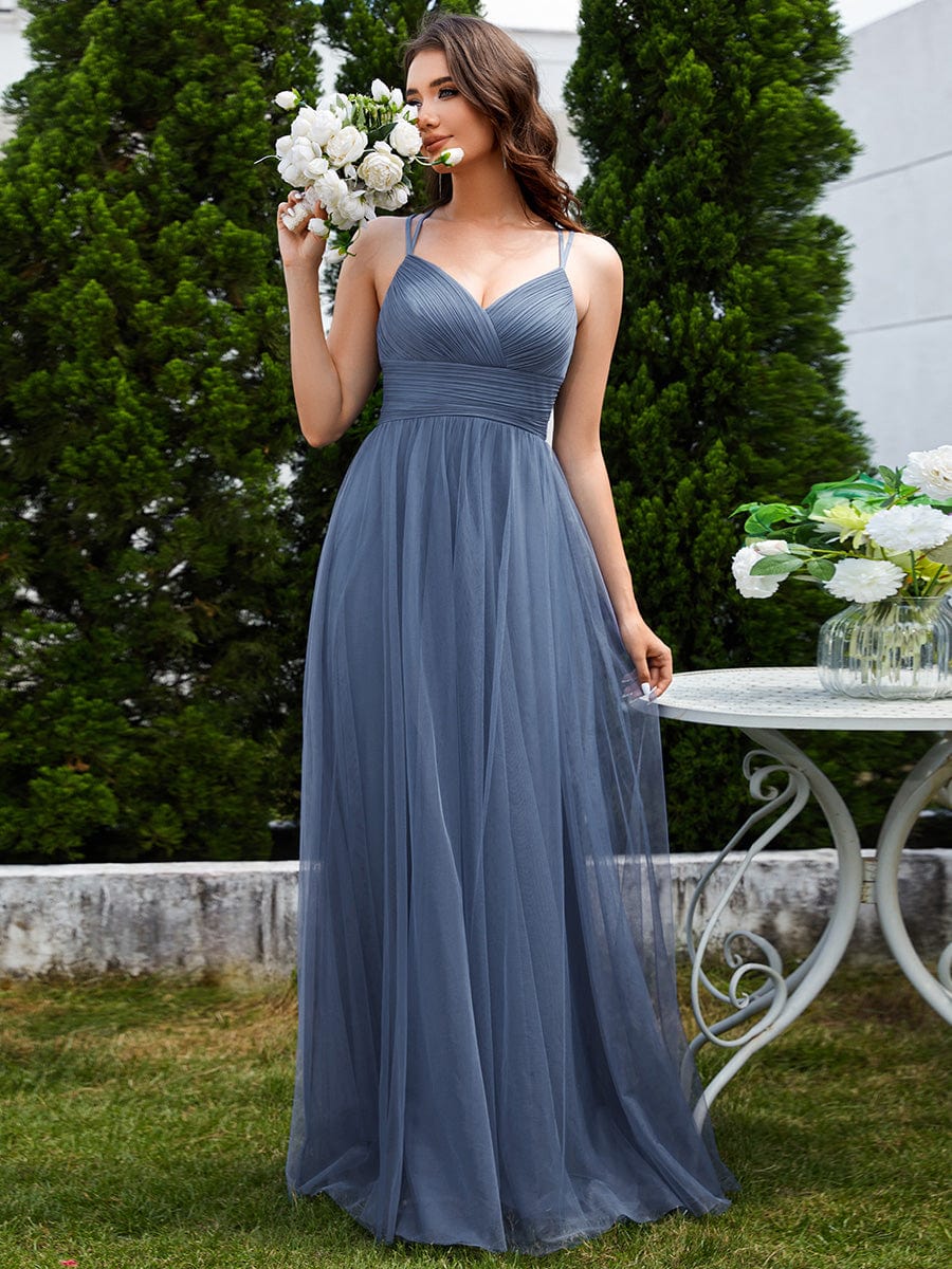 Chic Lace Sheer Back and Cross Straps V-Neck Sleeveless Bridesmaid Dress #color_Dusty Blue