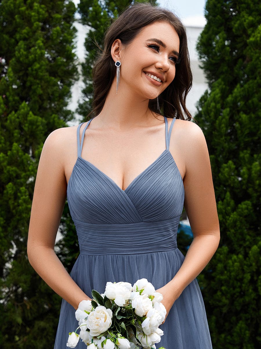 Chic Lace Sheer Back and Cross Straps V-Neck Sleeveless Bridesmaid Dress #color_Dusty Blue