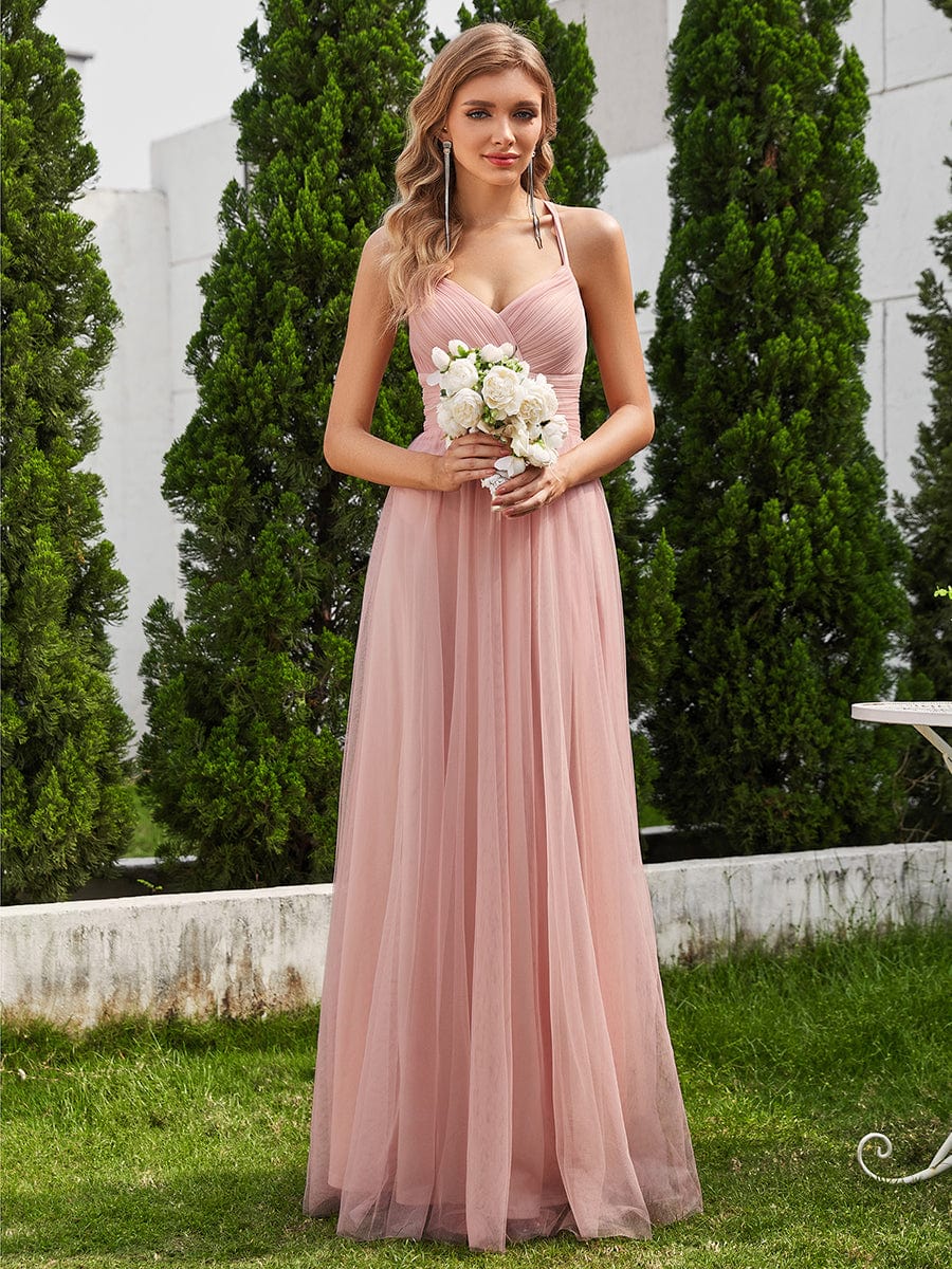 Chic Lace Sheer Back and Cross Straps V-Neck Sleeveless Bridesmaid Dress #color_Pink