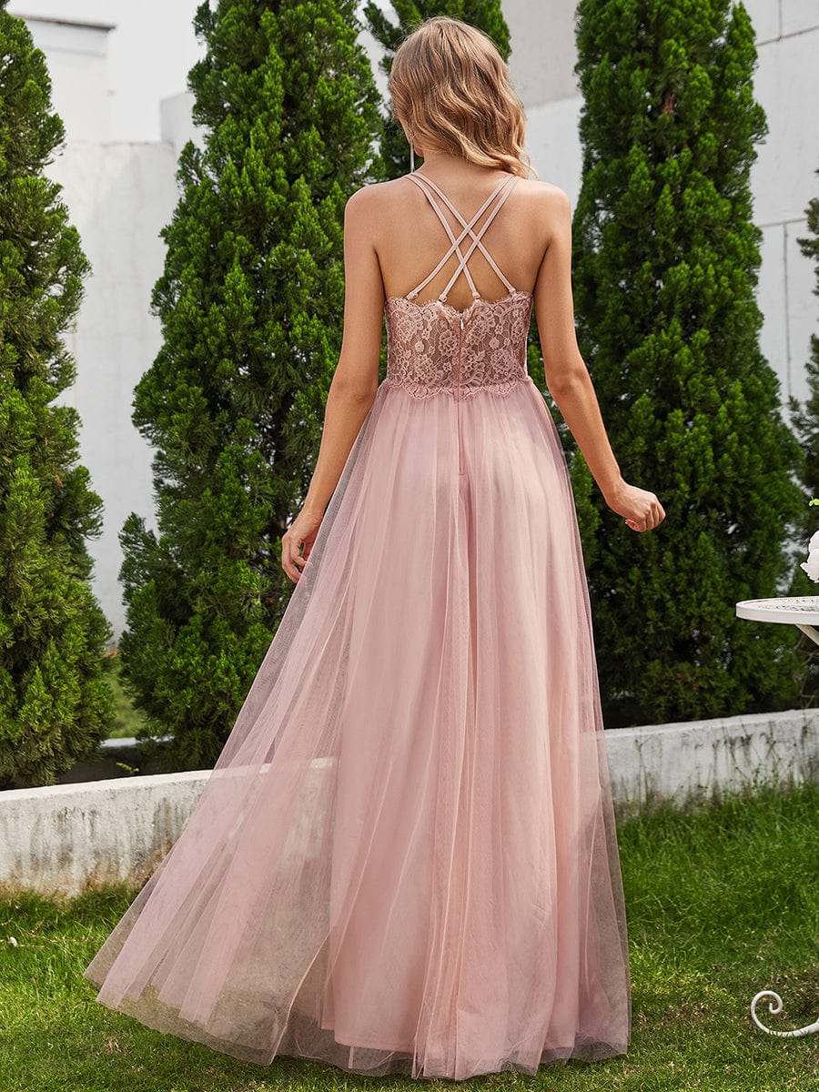 Chic Lace Sheer Back and Cross Straps V-Neck Sleeveless Bridesmaid Dress #color_Pink