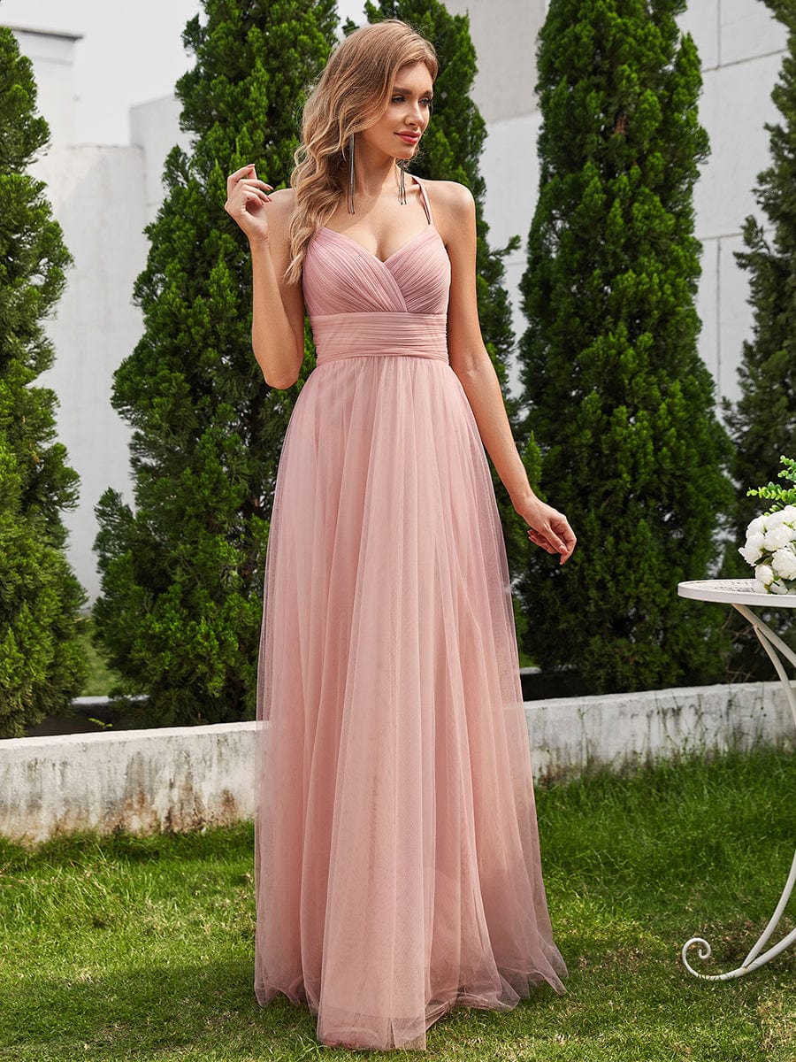 Chic Lace Sheer Back and Cross Straps V-Neck Sleeveless Bridesmaid Dress #color_Pink