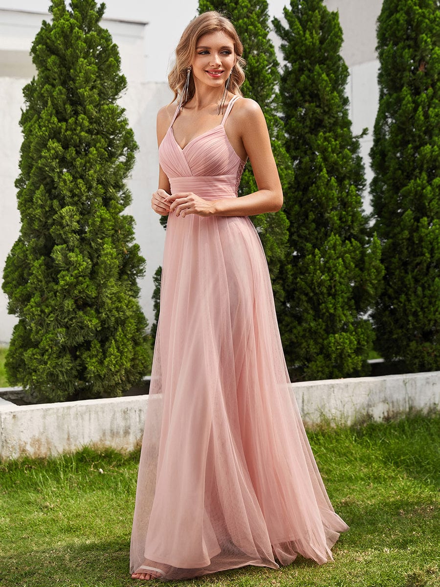 Chic Lace Sheer Back and Cross Straps V-Neck Sleeveless Bridesmaid Dress #color_Pink