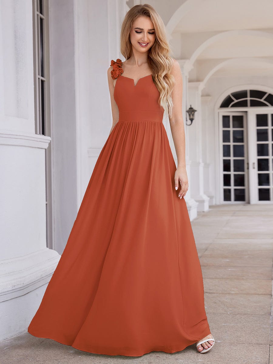 Floral Strap V-Neck Chiffon Bridesmaid Dress with A-Line Silhouette #color_Burnt Orange