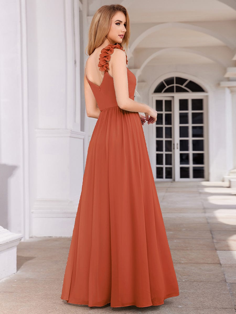 Floral Strap V-Neck Chiffon Bridesmaid Dress with A-Line Silhouette #color_Burnt Orange