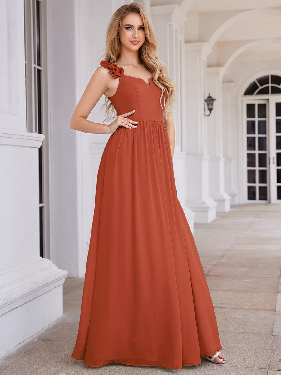 Floral Strap V-Neck Chiffon Bridesmaid Dress with A-Line Silhouette #color_Burnt Orange