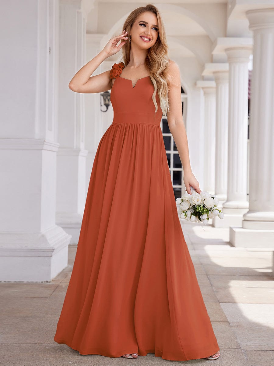 Floral Strap V-Neck Chiffon Bridesmaid Dress with A-Line Silhouette #color_Burnt Orange