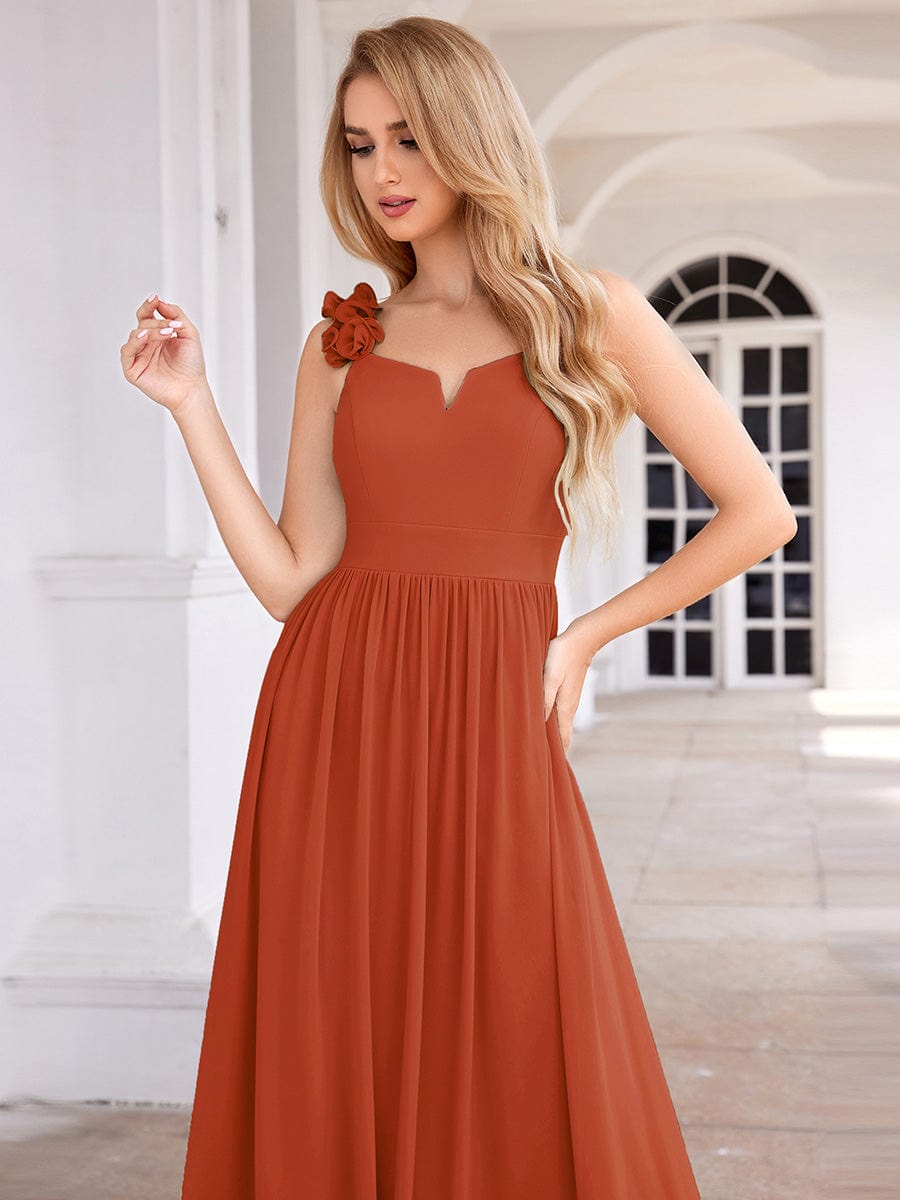 Floral Strap V-Neck Chiffon Bridesmaid Dress with A-Line Silhouette #color_Burnt Orange