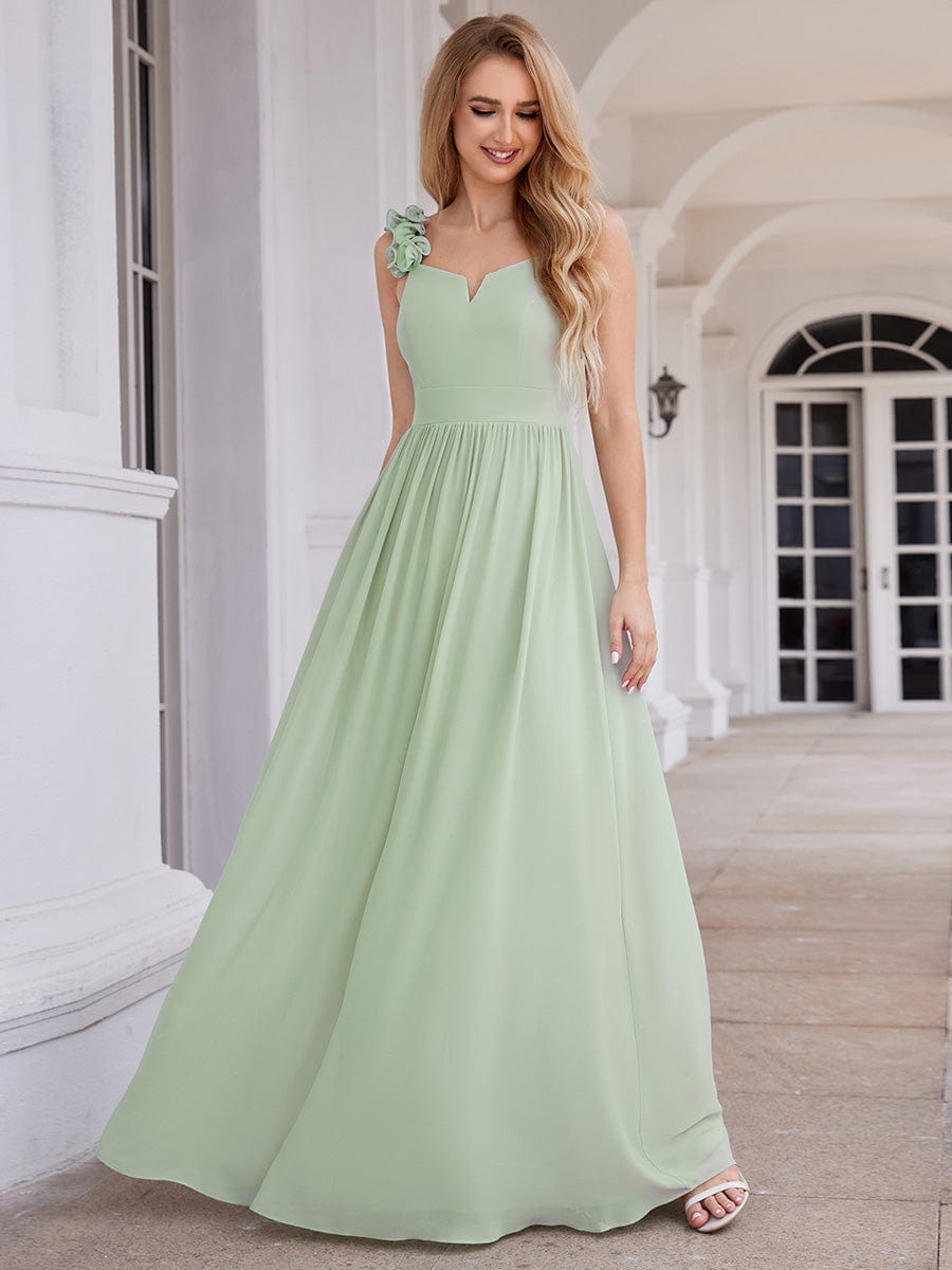 Floral Strap V-Neck Chiffon Bridesmaid Dress with A-Line Silhouette #color_Mint Green