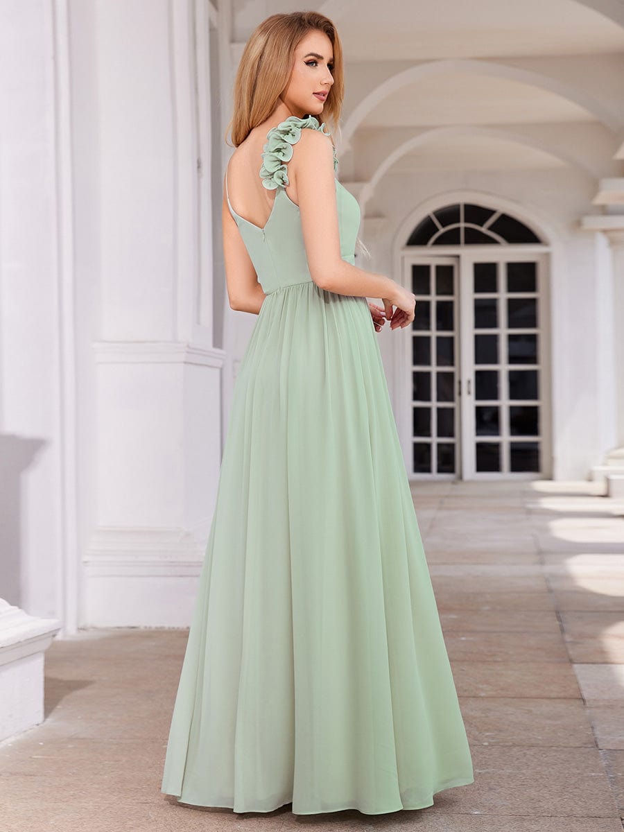 Floral Strap V-Neck Chiffon Bridesmaid Dress with A-Line Silhouette #color_Mint Green