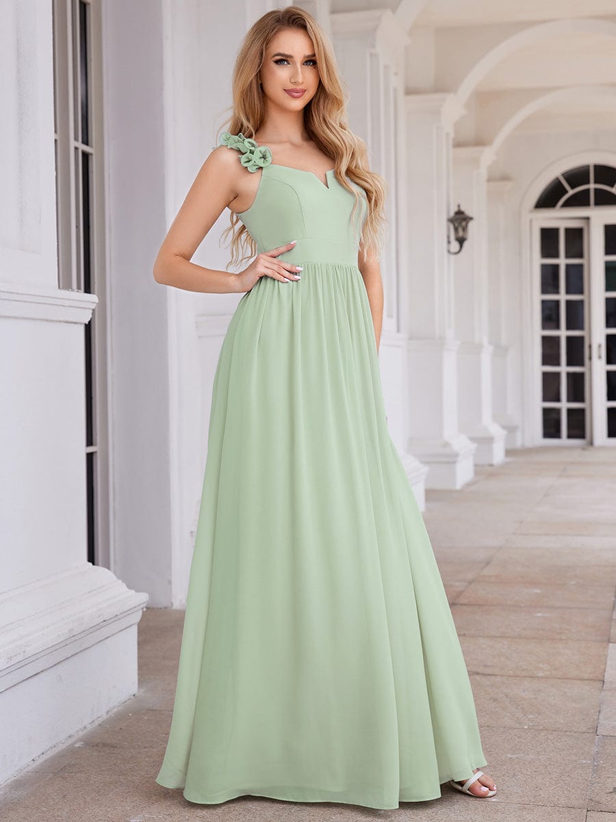 Floral Strap V-Neck Chiffon Bridesmaid Dress with A-Line Silhouette #color_Mint Green