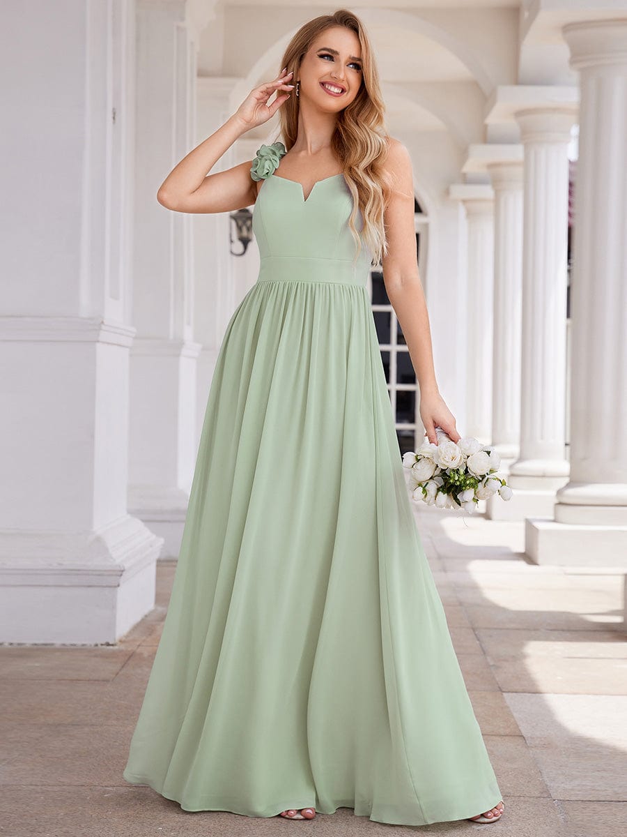 Floral Strap V-Neck Chiffon Bridesmaid Dress with A-Line Silhouette #color_Mint Green