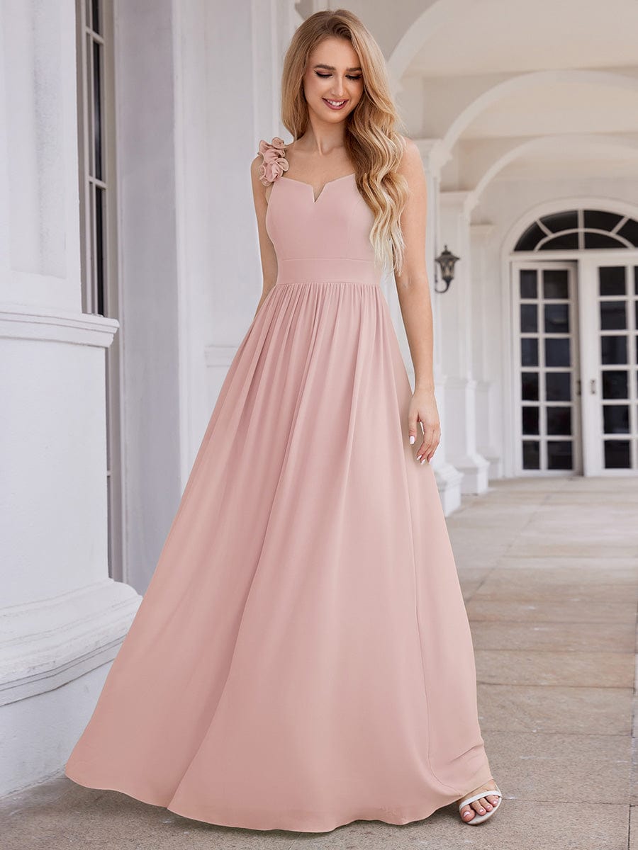 Floral Strap V-Neck Chiffon Bridesmaid Dress with A-Line Silhouette #color_Pink